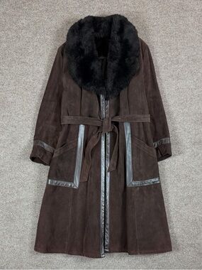 Vintage Sears Brown Suede Leather Shearling Lined Long Belted Coat Women’s M/L